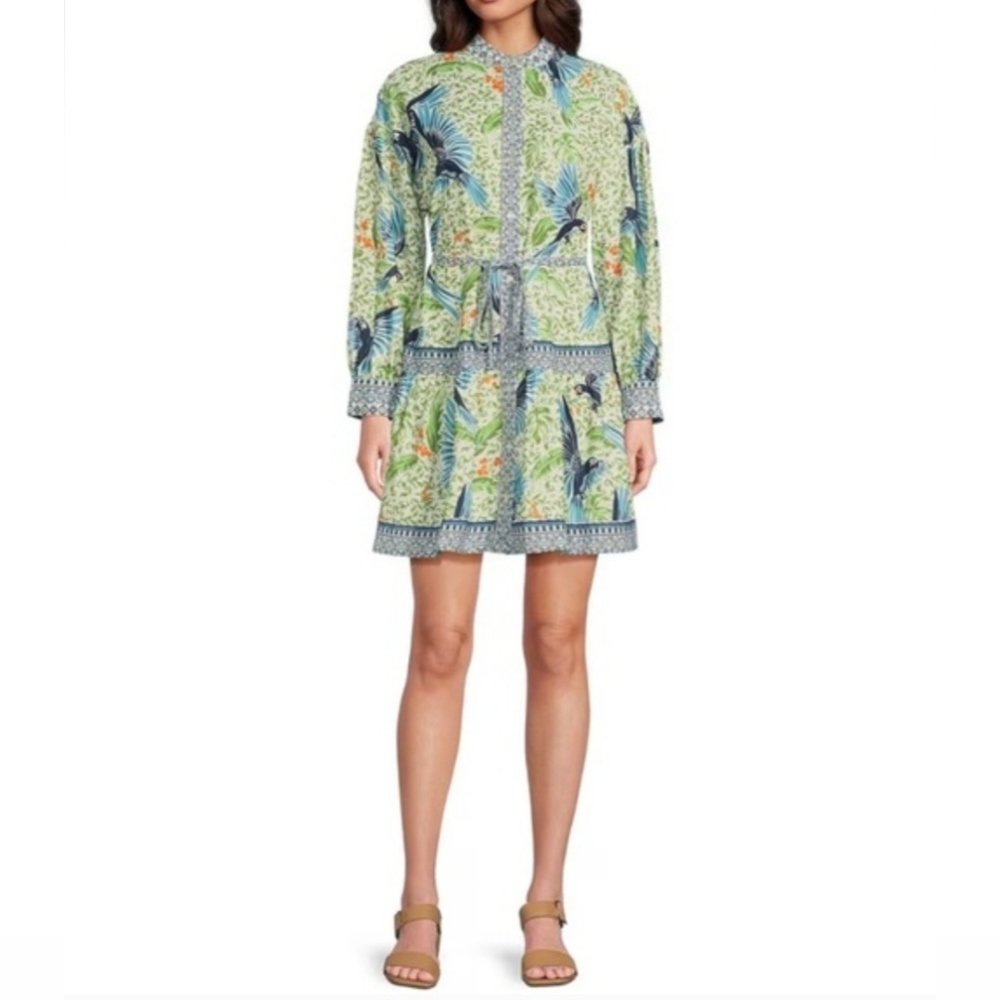 Alex Marie Mini Dress 10 Green Tropical Perrot Print Wren White Lotus New $170